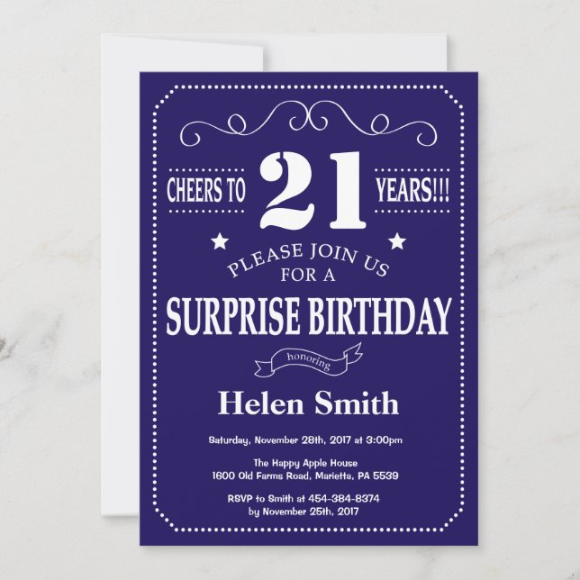 Surprise 21st Birthday Navy Blue and White Invitation (Front)