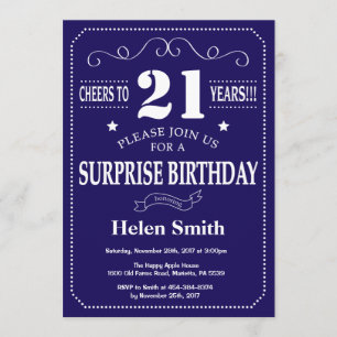 Surprise 21st Birthday Navy Blue and White Invitation