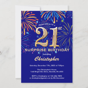 Surprise 21st Birthday Navy Blue & Gold Firework Invitation
