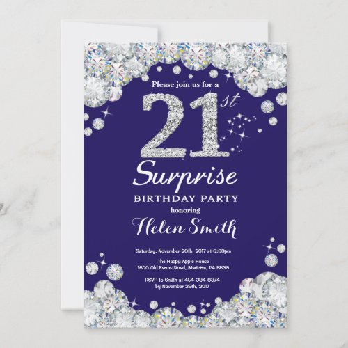 Surprise 21st Birthday Navy Blue Silver Diamond Invitation