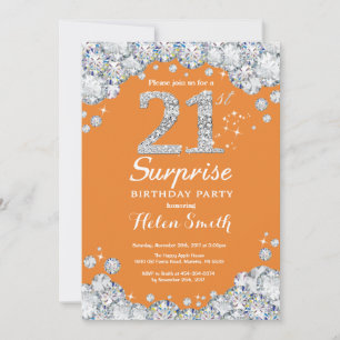 Surprise 21st Birthday Orange and Silver Diamond Invitation