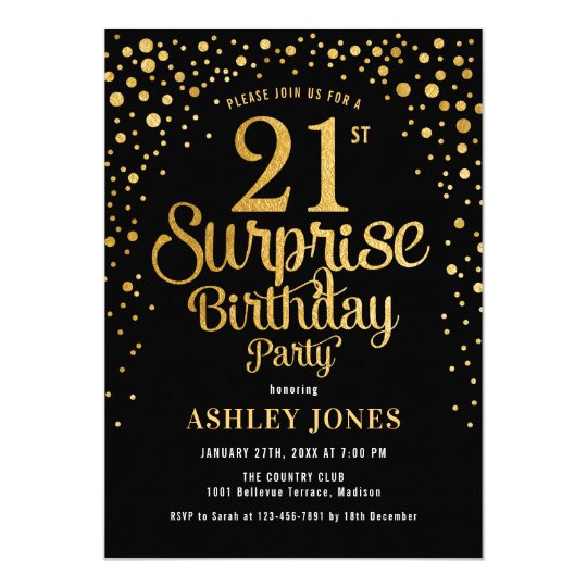 Surprise 21st Birthday Party - Black & Gold Invitation | Zazzle.com