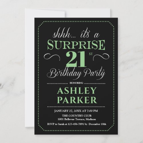 Surprise 21st Birthday Party _ Black Green Invitation