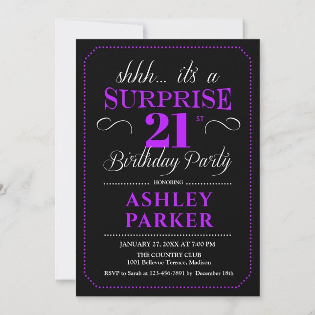 Surprise 21st Birthday Party - Black Purple Invitation (Front)