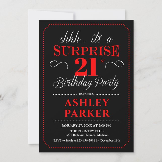 Surprise 21st Birthday Party - Black Red White Invitation (Front)