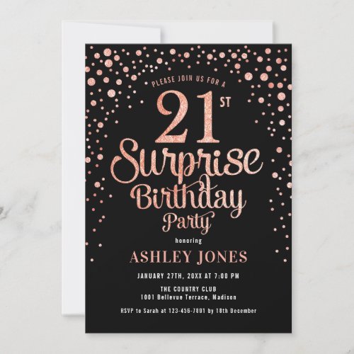 Surprise 21st Birthday Party _ Black  Rose Gold Invitation