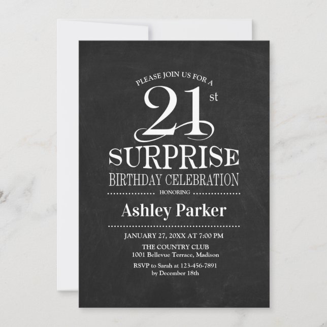 Surprise 21st Birthday Party - Black White Invitation (Front)