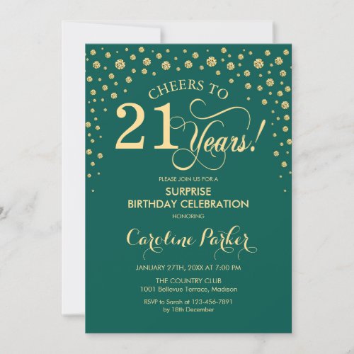 Surprise 21st Birthday Party _ Emerald Green Gold Invitation