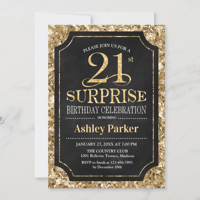 Surprise 21st Birthday Party - Gold Black Invitation (Front)