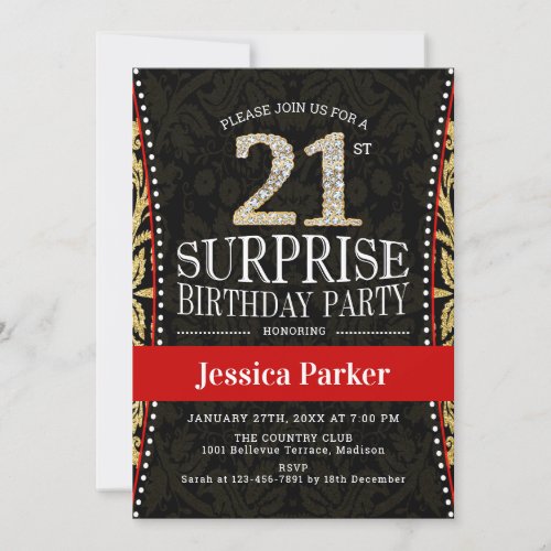 Surprise 21st Birthday Party _ Gold Black Red Invitation