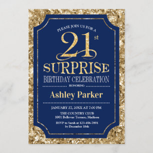 Surprise 21st Birthday Party - Gold Navy Invitation