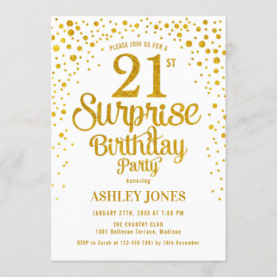 Surprise 21st Birthday Party - Gold & White Invitation