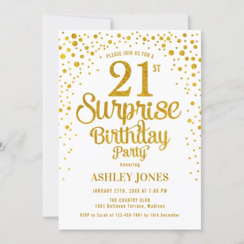 Surprise 21st Birthday Party _ Gold  White Invitation