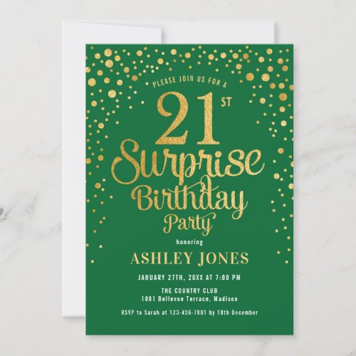 Surprise 21st Birthday Party _ Green  Gold Invitation
