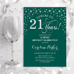 Surprise 21st Birthday Party - Green Silver Invitation<br><div class="desc">Surprise 21st Birthday Party Invitation.
Elegant design in emerald green and faux glitter silver. Features script font and diamonds confetti. Cheers to 21 Years! Message me if you need further customization.</div>