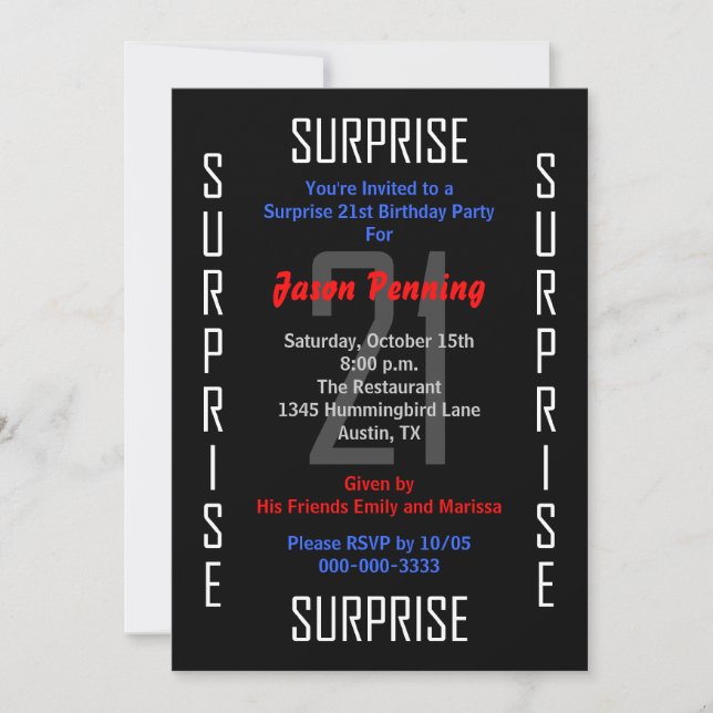 Surprise 21st Birthday Party Invitation 21 (Front)
