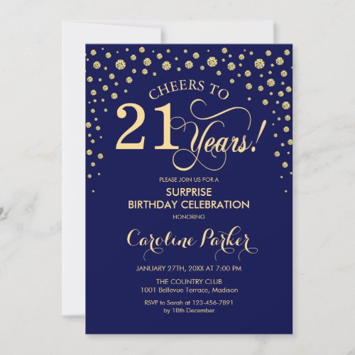 Surprise 21st Birthday Party - Navy Blue Gold