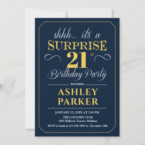 Surprise 21st Birthday Party _ Navy Gold Invitation