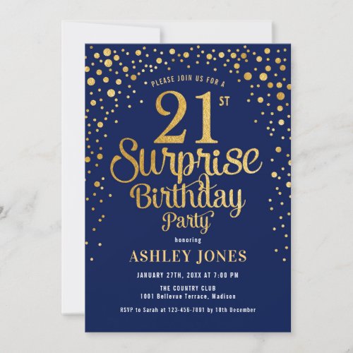Surprise 21st Birthday Party _ Navy  Gold Invitation