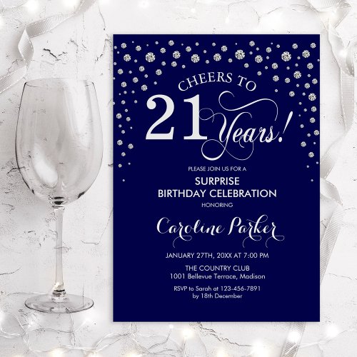 Surprise 21st Birthday Party _ Navy Silver Invitation