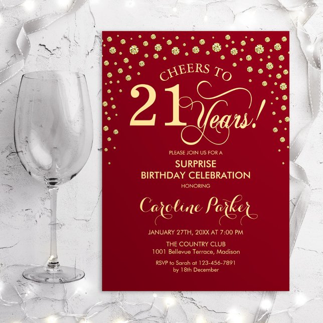 Surprise 21st Birthday Party - Red Gold Invitation (Creator Uploaded)