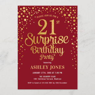 Surprise 21st Birthday Party - Red & Gold Invitation