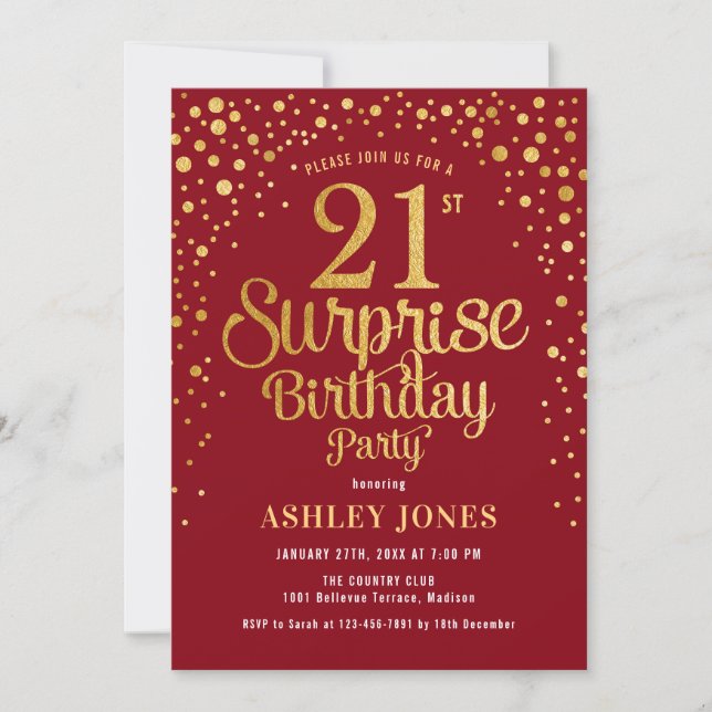 Surprise 21st Birthday Party - Red & Gold Invitation (Front)