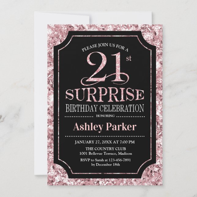 Surprise 21st Birthday Party - Rose Gold Black Invitation (Front)