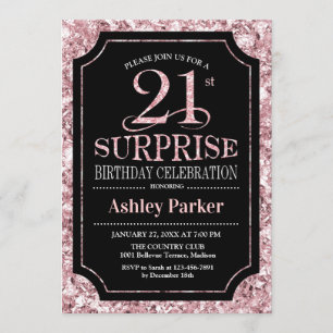 Surprise 21st Birthday Party - Rose Gold Black Invitation