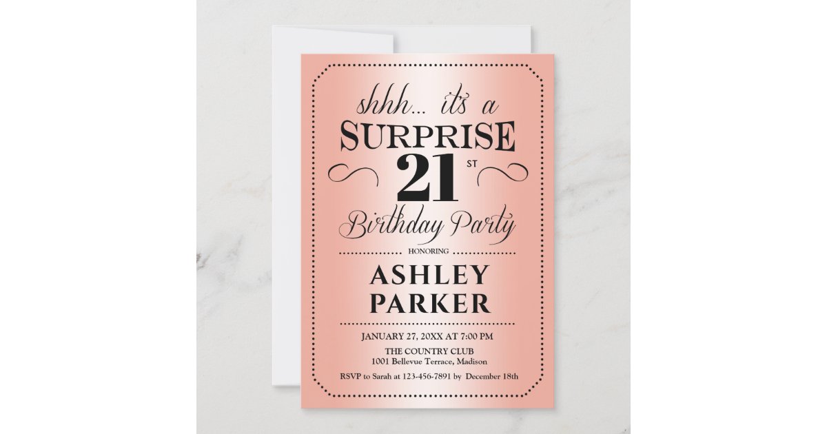 Surprise 21st Birthday Party - Rose Gold Invitation | Zazzle