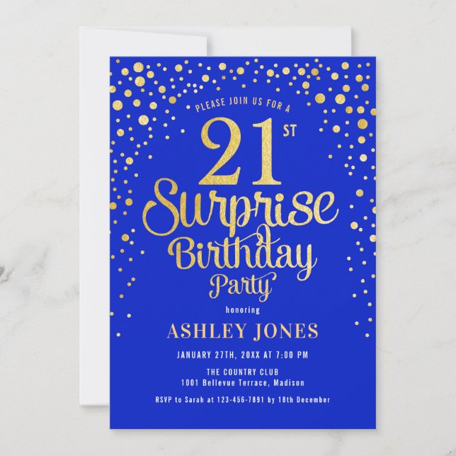 Surprise 21st Birthday Party - Royal Blue & Gold Invitation (Front)