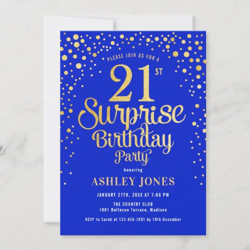 Surprise 21st Birthday Party _ Royal Blue  Gold Invitation