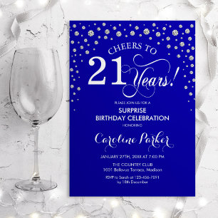 Surprise 21st Birthday Party - Royal Blue Silver Invitation