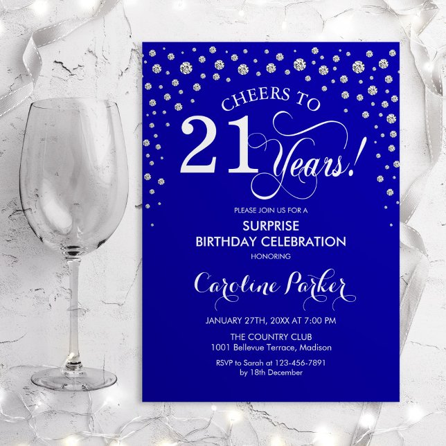 Surprise 21st Birthday Party - Royal Blue Silver Invitation (Creator Uploaded)