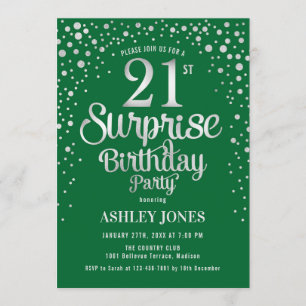Surprise 21st Birthday Party - Silver & Green Invitation