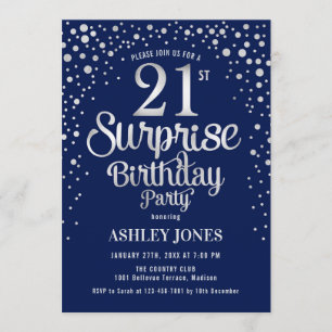 Surprise 21st Birthday Party - Silver & Navy Blue Invitation