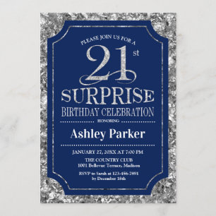 Surprise 21st Birthday Party - Silver Navy Blue Invitation