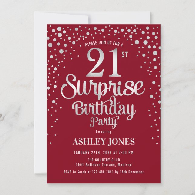 Surprise 21st Birthday Party - Silver & Red Invitation (Front)