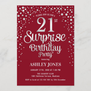 Surprise 21st Birthday Party - Silver & Red Invitation