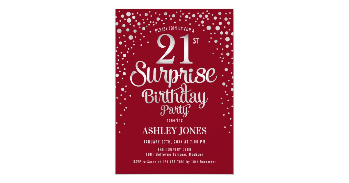 Surprise 21st Birthday Party - Silver & Red Invitation | Zazzle.com