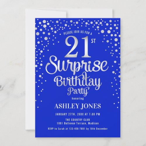 Surprise 21st Birthday Party _ Silver  Royal Blue Invitation