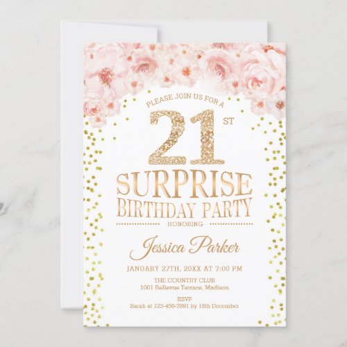 Surprise 21st Birthday Party _ White Gold Pink Invitation