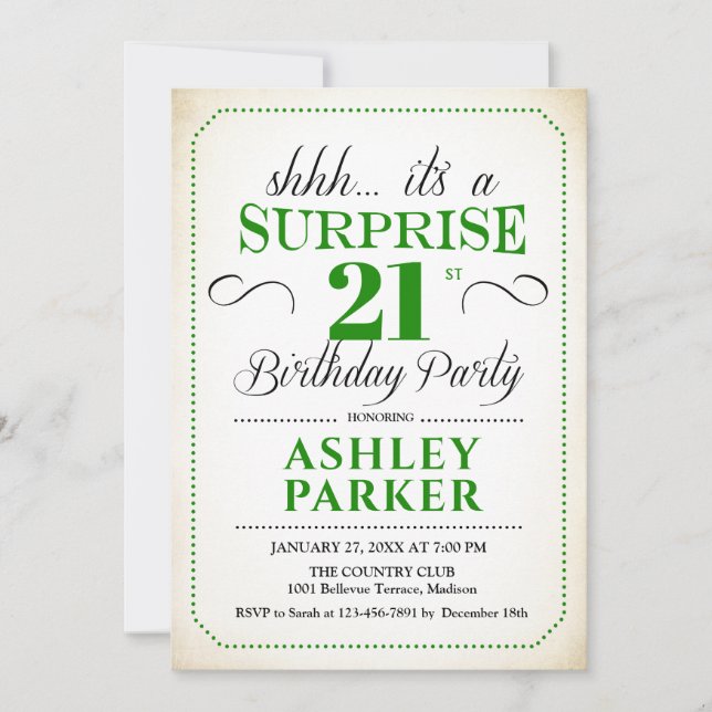 Surprise 21st Birthday Party - White Green Invitation (Front)