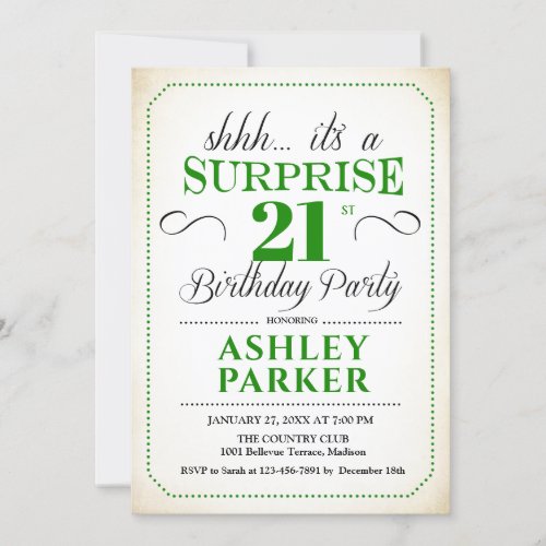 Surprise 21st Birthday Party _ White Green Invitation