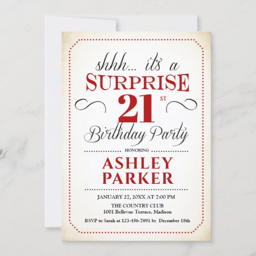 Surprise 21st Birthday Party _ White Red Black Invitation