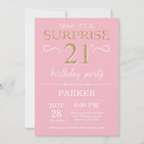 Surprise 21st Birthday Pink and Gold Glitter Invitation