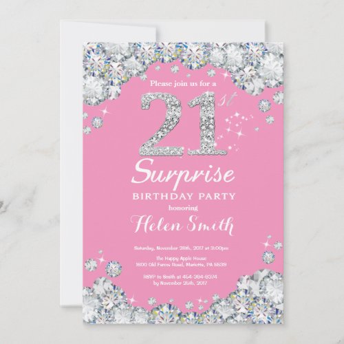Surprise 21st Birthday Pink and Silver Diamond Invitation