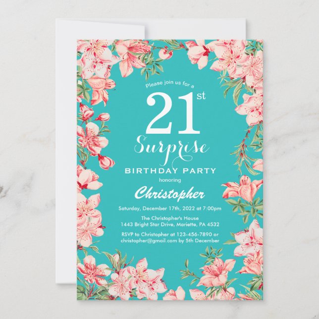 Surprise 21st Birthday Pink Floral Flowers Teal Invitation (Front)