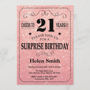 Surprise 21st Birthday Pink Rose Gold Glitter Invitation