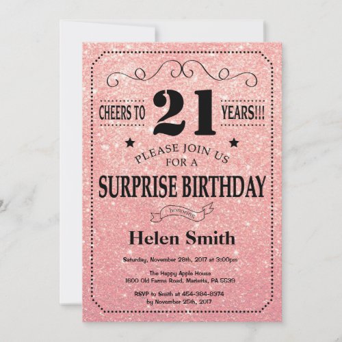 Surprise 21st Birthday Pink Rose Gold Glitter Invitation